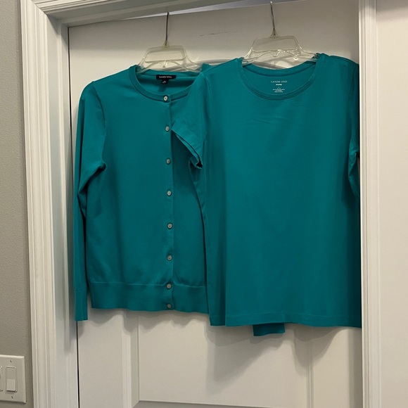 Lands' End Twin Set Teal Cardigan Sweater Size M and Teal Tee Size Large - Picture 2 of 14